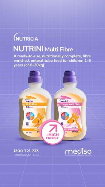 A clinical-style, high-contrast ad featuring two Nutrini product bottles set against a light purple grid background to emphasize utility.